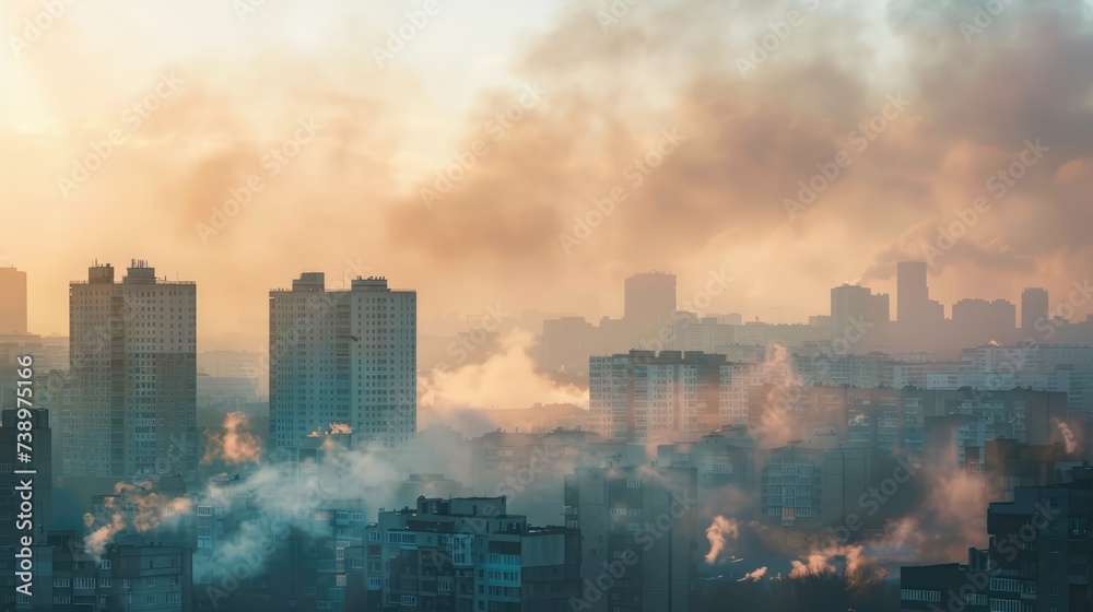 Fototapeta premium Toxic Smoke Blending with Urban Buildings: Environmental Impact and Future Solutions for Clean Energy