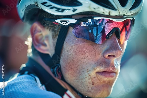 Professional cyclist preparing for a race, detailed focus on gear and expression, close-up