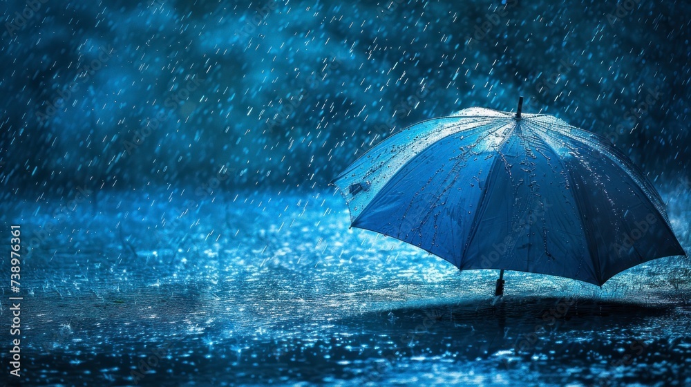 beautiful blue umbrella on the ground in a rain on a wet road