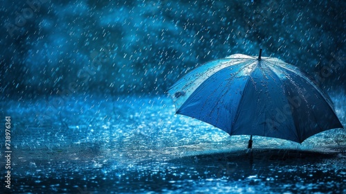 beautiful blue umbrella on the ground in a rain on a wet road photo