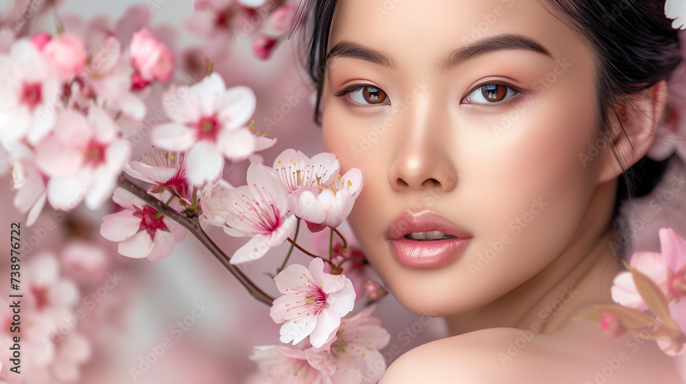 Portrait of an Asian  Woman with Cherry Blossoms