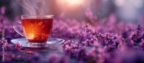 Bright close-up of a steaming cup of tea with gentle rising vapors under lilac lighting surrounded by lilac flowers