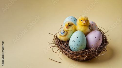 Multicolored easter eggs and chickens in a nest on pastel yellow background. With copy space for text