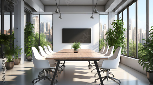 Modern eco style meeting room with big wooden table, white chairs around, parquet and big windows with city view.