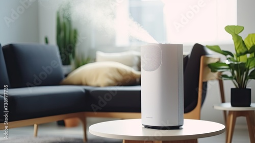 Air purifier in modern living room, air cleaner removing fine dust in the house