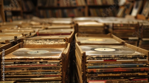 Vintage record shop, crates of vinyl, music lover s paradise