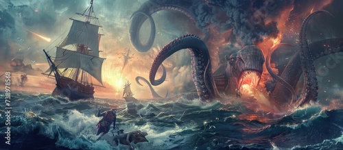 Dramatic illustration view Sea Battle a ship with mythical octopus. AI generated image