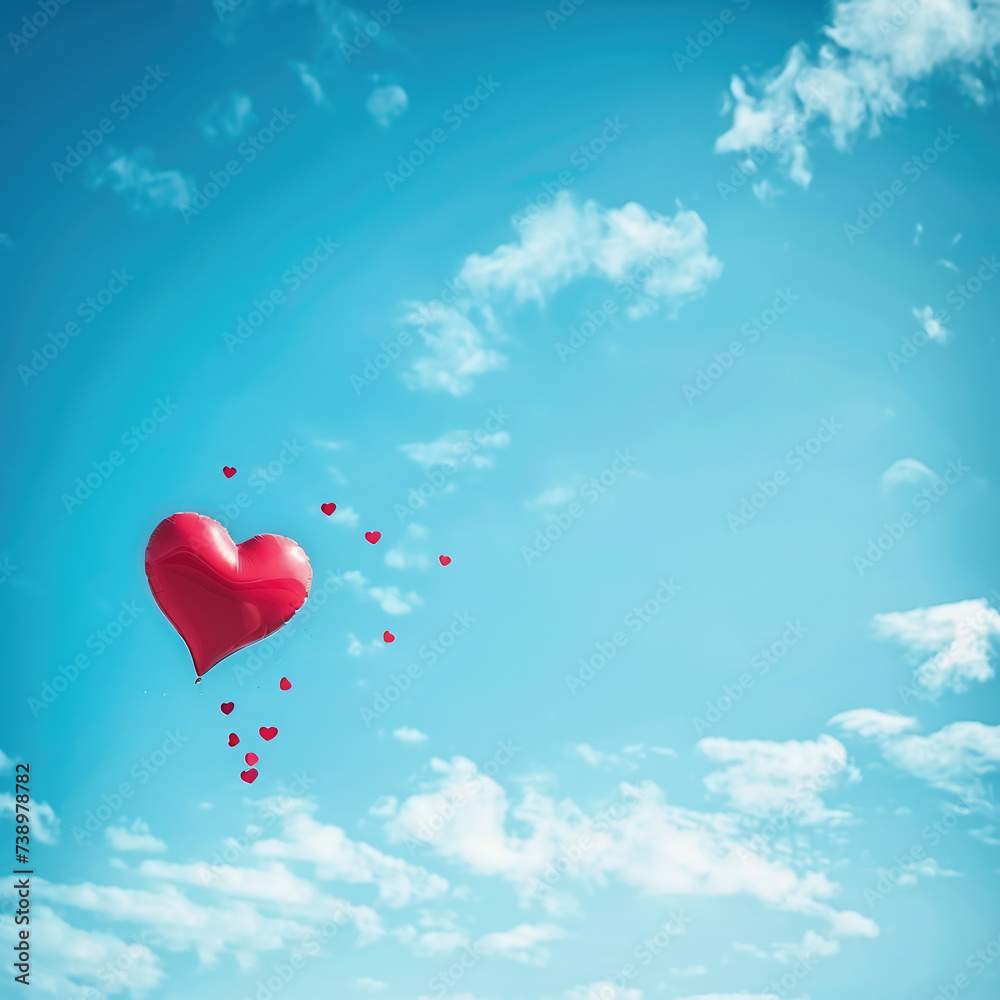 Fototapeta premium Valentine's day greeting card with red heart on blue sky background