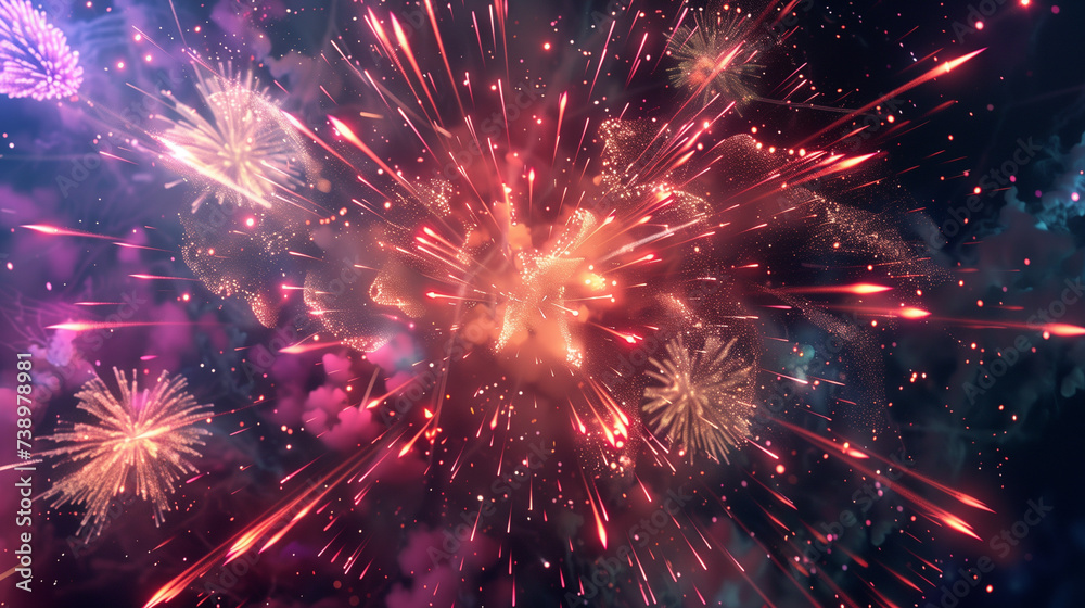 Fireworks celebration in the night banner, wallpaper, backdrop, graphic aesthetics design, fluorescent glowing colors. Fireworks celebration in the night banner, wallpaper, backdrop, graphic aesthetics design, fluorescent glowing colors.