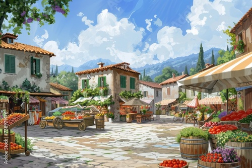 This photo captures a charming village square filled with a bustling market selling a variety of fresh fruits and vegetables.