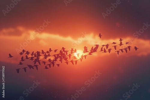 A large group of birds soaring through the sky during a stunning sunset.