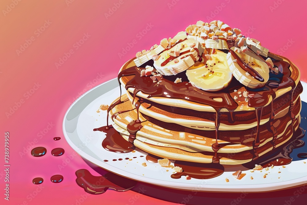 A large stack of fluffy pancakes piled high and generously covered in a rich layer of Nutella chocolate and topped with fresh slices of bananas. A large stack of fluffy pancakes piled high and generously covered in a rich layer of Nutella chocolate and topped with fresh slices of bananas.