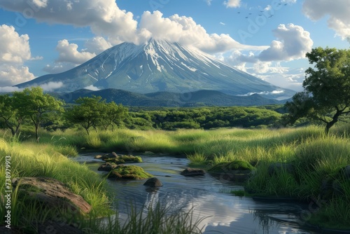 A landscape painting featuring a majestic mountain with a stream flowing through it.