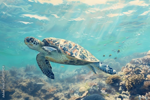 A serene sea turtle gliding through the crystal clear ocean waters surrounded by a large group of fish. © Vit