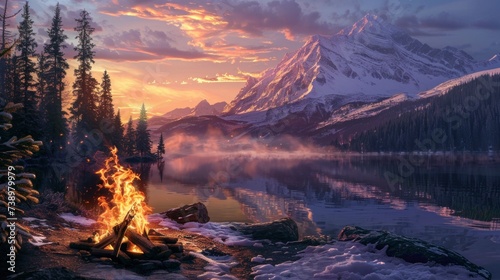 amazing landscape of a campfire with a large lake in the background and large mountains © Marco