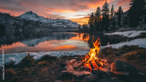 amazing landscape of a campfire with a large lake in the background and large mountains and green pine trees in a beautiful sunset in high resolution and high quality