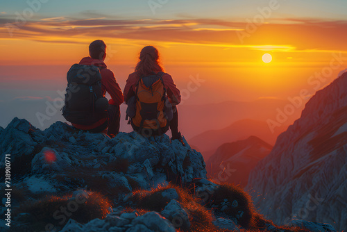Couple hikers celebrating success in sunset mountains, accomplish with arms up outstretched. Young man and woman looking at beautiful inspirational landscape view