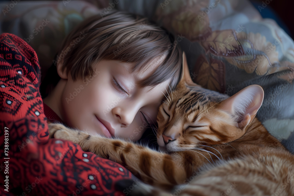 A young boy envelops himself in the comforting embrace of his beloved Ocicat cat, their tender cuddle symbolizing a profound bond filled with companionship and unconditional love