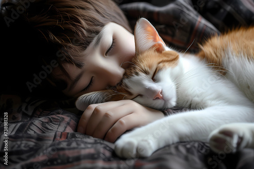 A young boy envelops himself in the comforting embrace of his beloved Japanese Bobtail cat  their tender cuddle symbolizing a profound bond filled with companionship and unconditional love