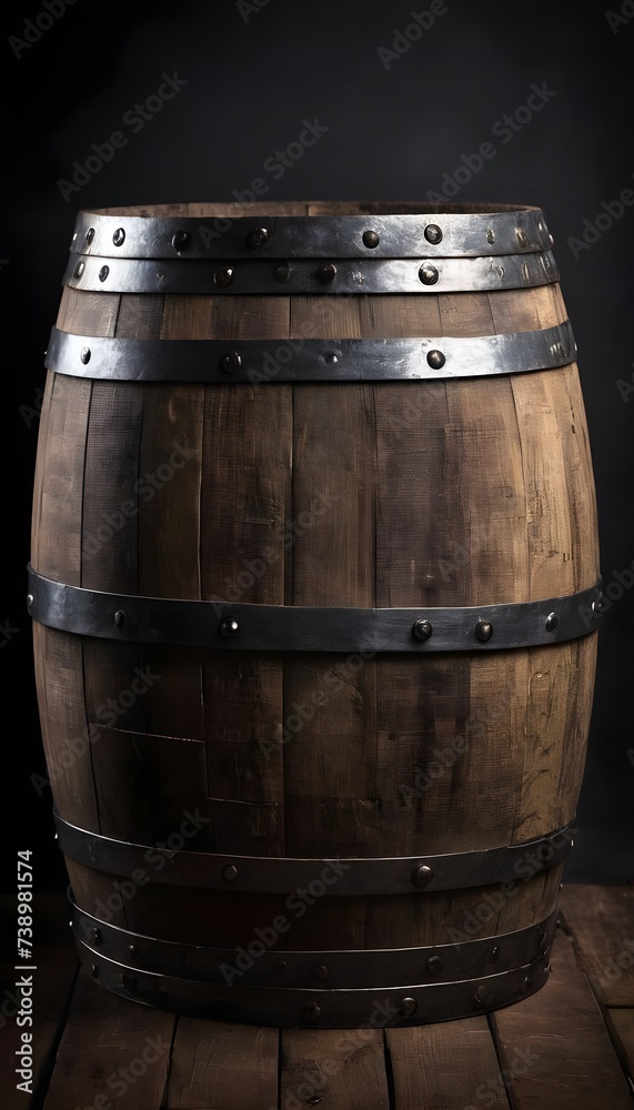 Antique wooden barrel with dark backdrop and metal bands Antique wooden barrel with dark backdrop and metal bands