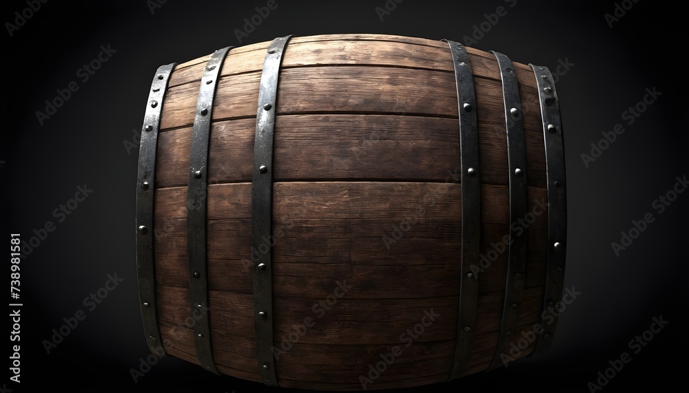 Antique wooden barrel with dark backdrop and metal bands Antique wooden barrel with dark backdrop and metal bands