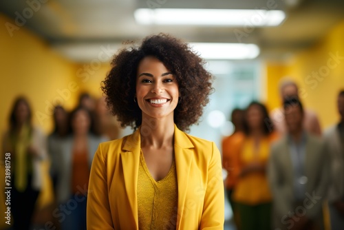 A radiant woman in yellow with a blurred team in the backdrop, in a bright corporate setting