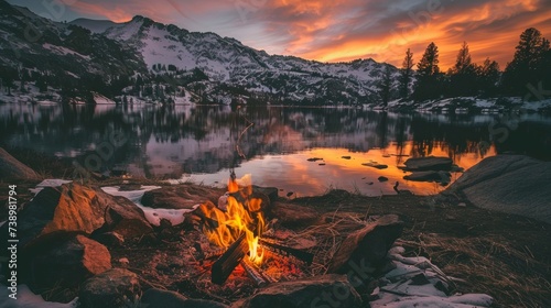 majestic landscape with a large campfire on the ground next to a lake and large mountains