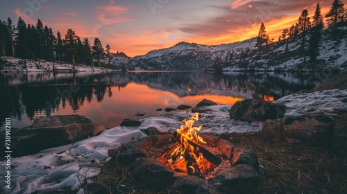 beautiful campfire in the middle of a large lake and large mountains in a beautiful sunset in high resolution