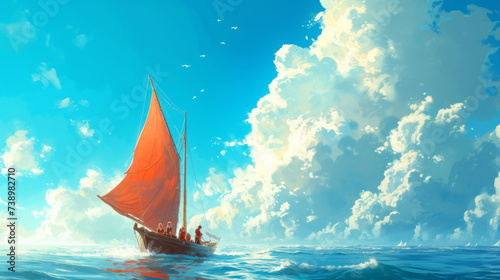 A sailboat on the sea with dramatic clouds and colors in the sky