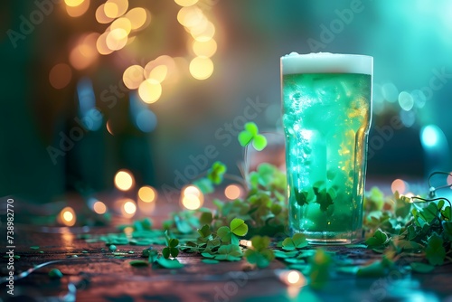 A frothy glass of green beer amidst shamrocks and warm bokeh lighting, signaling a festive celebration