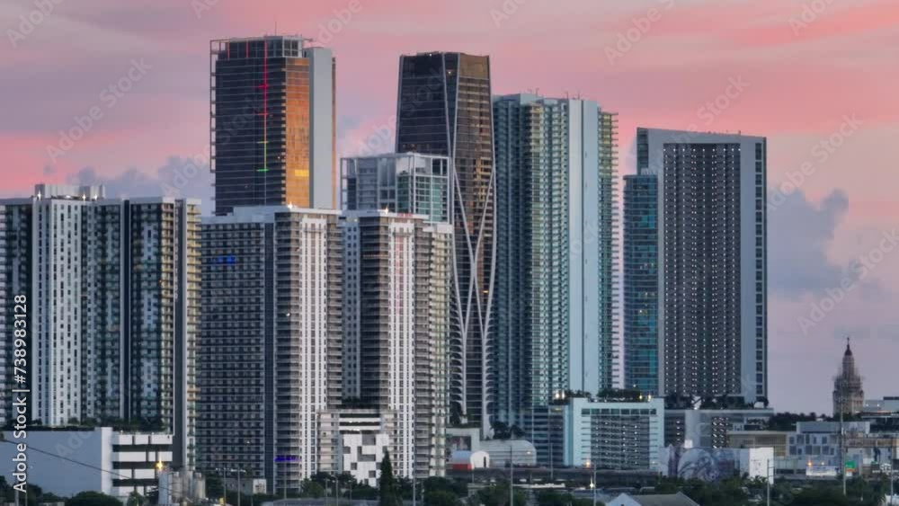 Telephoto drone shot of the miami skyline at sunset Telephoto drone shot of the miami skyline at sunset