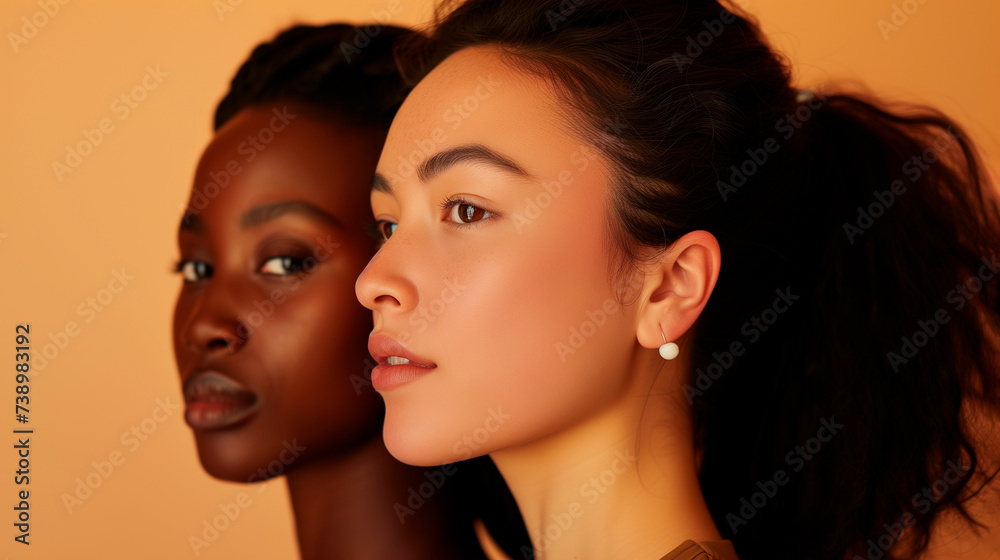 Multi-ethnic beauty. Different ethnicity African, Asian women isolated on orange wall with copy space. Generative AI