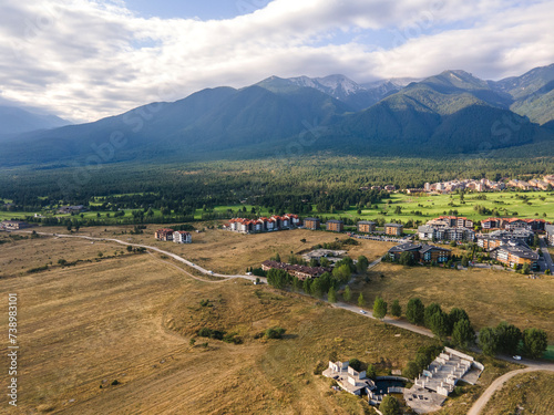 Aerial view of Razlog Valley near town of Bansko, Bulgaria photo