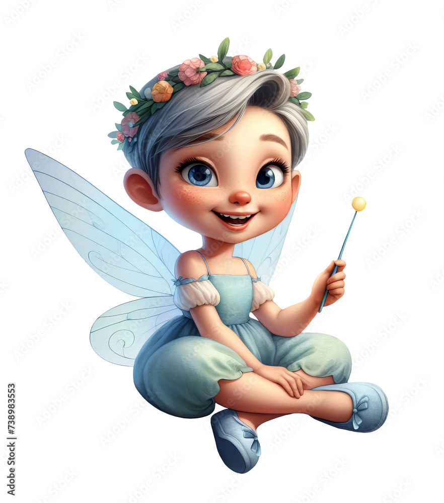 Fototapeta premium A cute Fairy with translucent wings sitting on a flat surface holding a fairy wand isolated on a transparent background