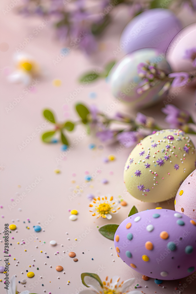 Pastel Easter Eggs with Floral Accents on Beige, Spring Holiday Concept, Festive and Joyful - Perfect for Easter Promotions and Craft Ideas