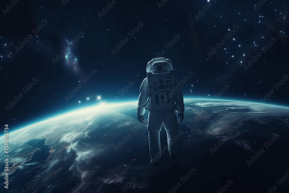 Astronaut Floating in Space Above Planet Earth, Looking at the World and the Infinity of the Cosmos from Outer Space