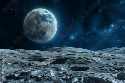 View of Planet Earth from the Surface of the Moon  Large Lunar Surface with the World Above it and a Starry Sky