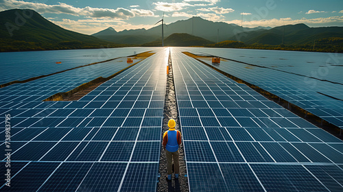 Professional engineer in hard hat inspecting solar panels, sustainability and renewable energy concept, clear blue sky background. photo