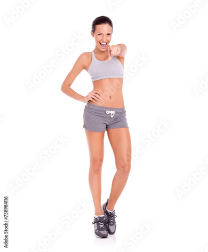 Studio, woman and pointing in portrait for fitness promotion and exercise announcement or news of gym discount. Model, happy face and aerobics offer to winner and workout plan by white background