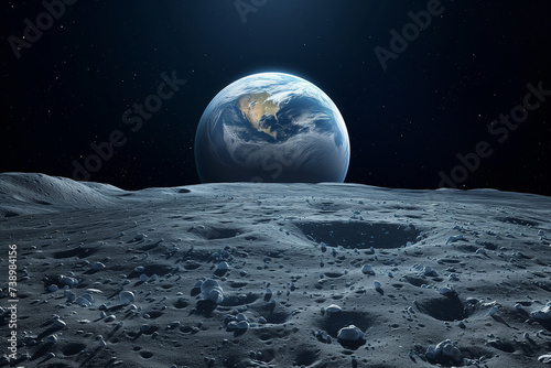 View of Planet Earth from the Surface of the Moon, the World Rising from the Lunar Horizon Filled with Craters and Stones in a Dark Outer Space