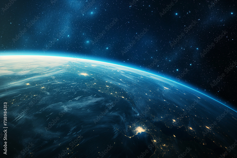 Obraz premium Planet Earth Seen from Outer Space, Terrestrial Globe with Lights and a Starry Sky Seen from the Cosmos