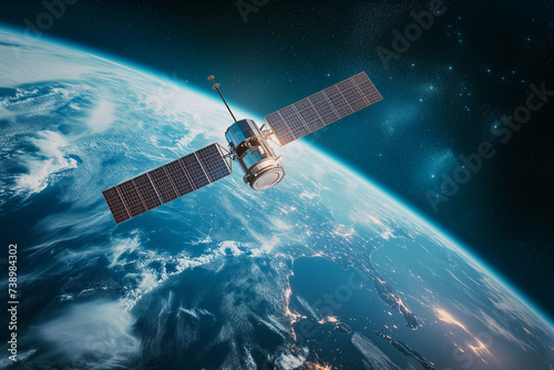 Technology Satellite Floating in Outer Space in Front of Planet Earth, High Engineering Flying Over the Atmosphere Without Gravity to Provide Communication to Human Networks