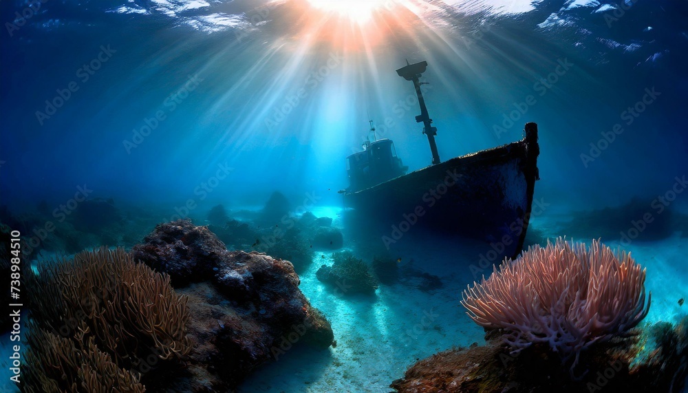 old shipwreck under the ocean, diver view of underwater sunken ship, treasure hunt, adventure mystery - obrazy, fototapety, plakaty 
