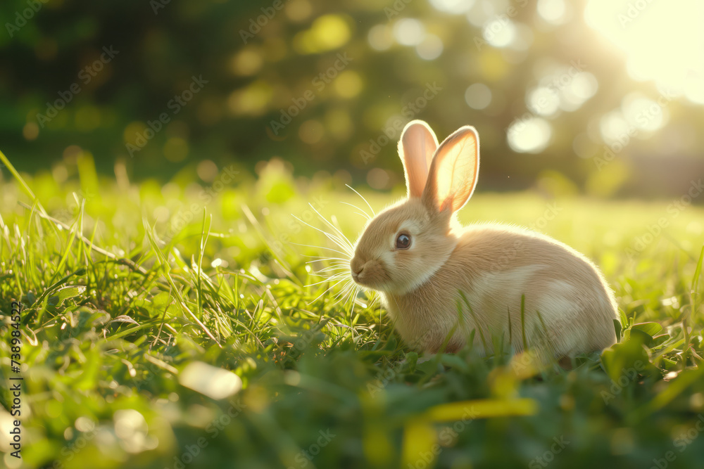 Fototapeta premium Bunny in Lush Green Field on Golden Hour