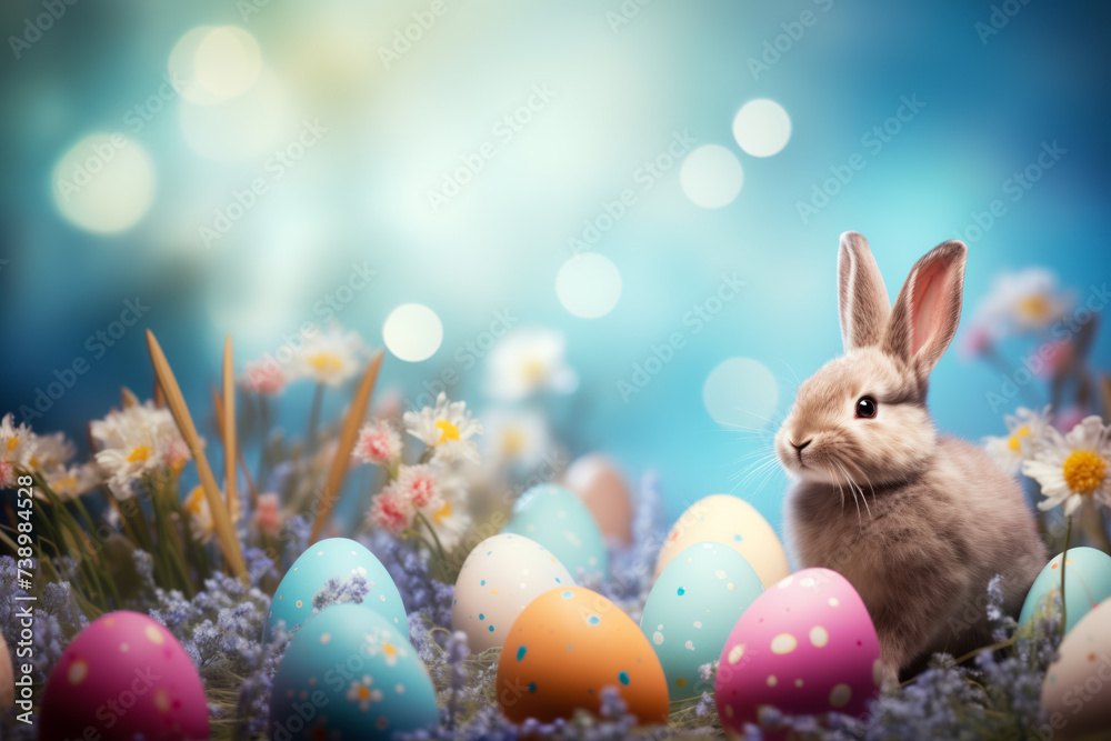 Easter Bunny with Colorful Eggs on Sunny Spring Day