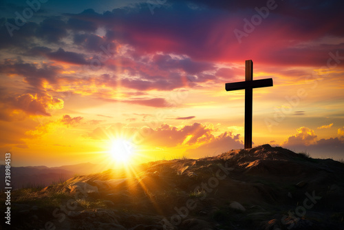 Jesus cross on Calvary Hill Dramatic Sunset at Golgotha