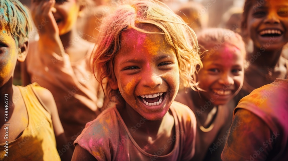 Happy people celebrating holi. the child laughs and throws paint and multi-colored powder. holy holiday in india Happy people celebrating holi. the child laughs and throws paint and multi-colored powder. holy holiday in india