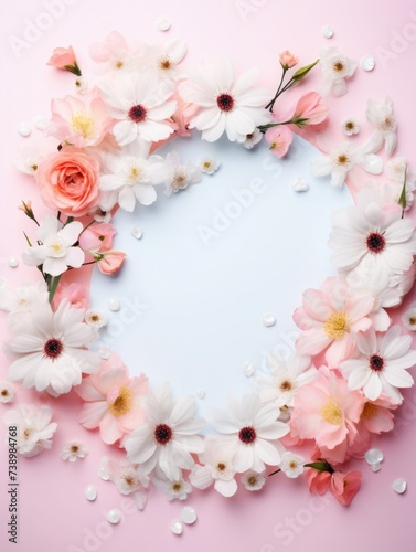 round  circle frame made of real natural flowers  on a pink background  texture. Spring  summer and valentines