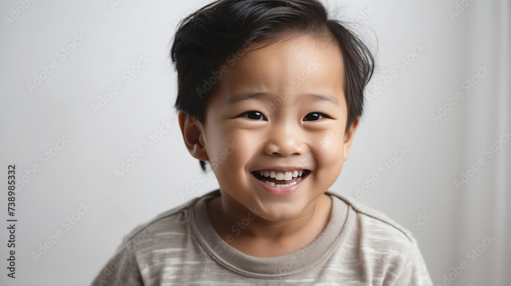 Little toddler asian boy laughing and looking at the camera on plain white background from Generative AI Little toddler asian boy laughing and looking at the camera on plain white background from Generative AI