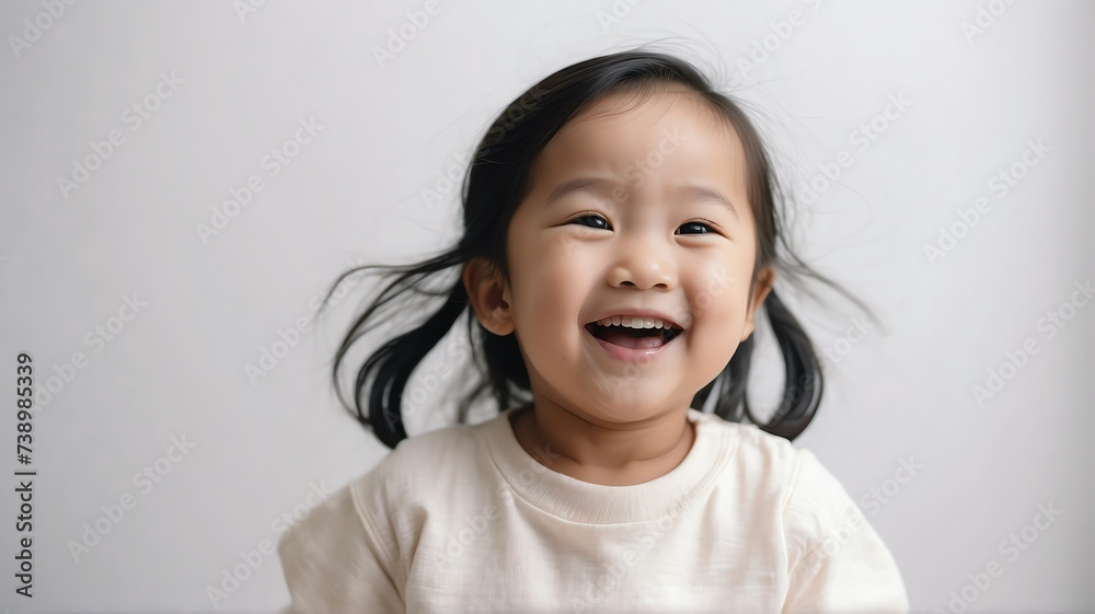 Little toddler asian girl laughing and looking at the camera on plain white background from Generative AI Little toddler asian girl laughing and looking at the camera on plain white background from Generative AI